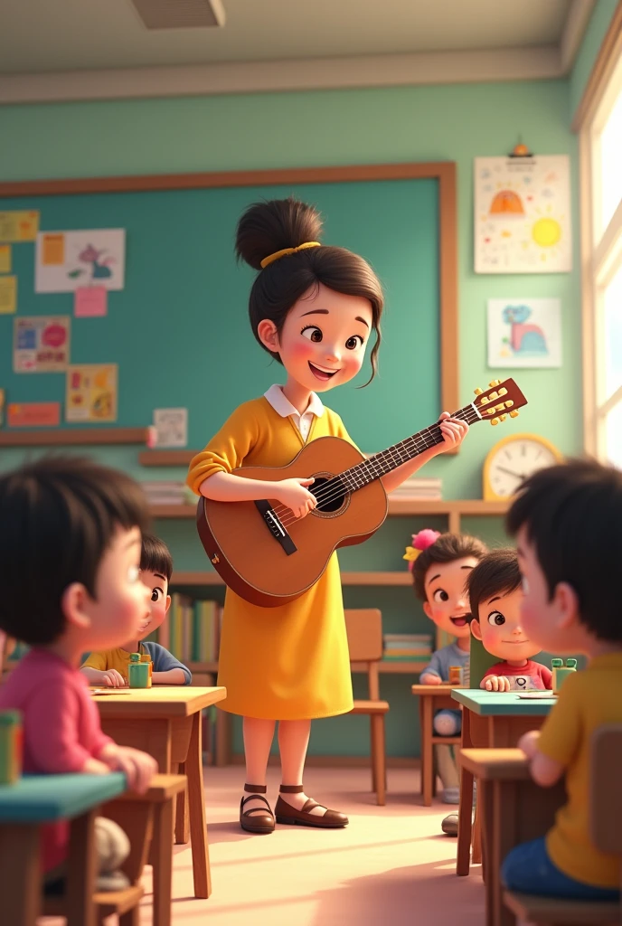 I want a 2D animated image of a teacher with a guitar teaching her students how to play it., Imagen 2D