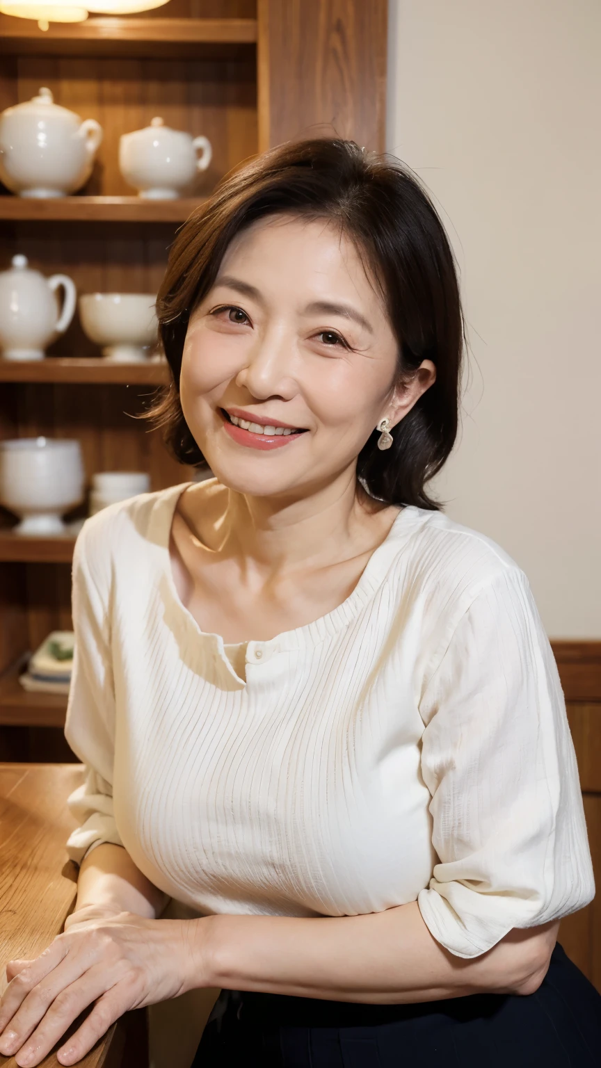 Osaka's aunt、Organic Photography、Highest quality、masterpiece、Ultra-high resolution、Beautiful Japanese old lady、60 years old、Looking at the audience、Elegant face、Smiling with teeth showing、Big Breasts、Wearing a plain short-sleeved knit、Wavy Hair、mini skirt、Earrings、A corner of a coffee shop, Background Blur