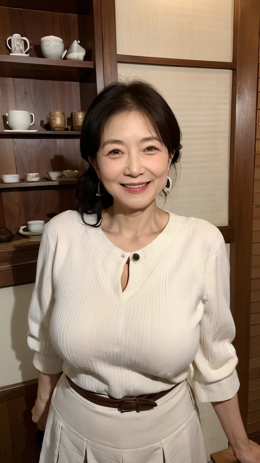 Osaka's aunt、Organic Photography、Highest quality、masterpiece、Ultra-high resolution、Beautiful Japanese old lady、60 years old、Looking at the audience、Elegant face、Smiling with teeth showing、Big Breasts、Wearing a plain short-sleeved knit、Wavy Hair、mini skirt、Earrings、A corner of a coffee shop, Background Blur