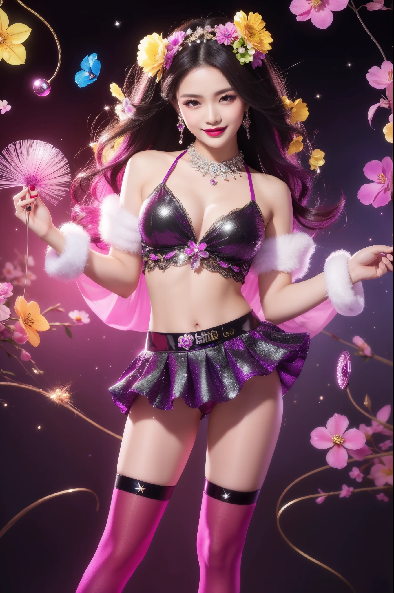 sexy Thai model who controls poison、beautiful smile、lipgloss、bold lipstick、intense makeup、look at the camera、full body Esbian、、sparkling poisoned flower costume、、、、sparkling Colorful hair、secrete poison、skull hair accessories、sexy tights、shiny sparkling flowers background