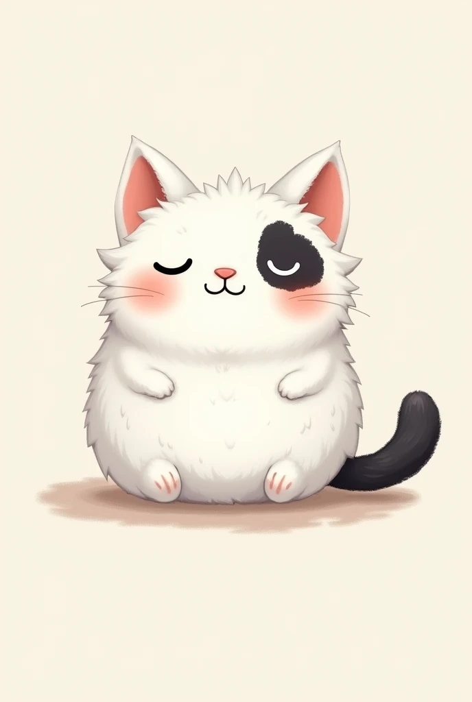 a picture of a chubby white cat, with a black tail and a spot on the left ear and one on the right eye, white ears and somewhat realistic
