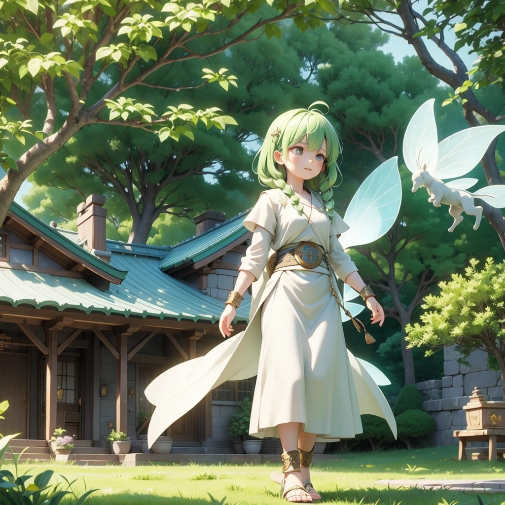 Celtic mythological priestess in long dress、House of Taiki、There are fairies flying around、Lakeside White
