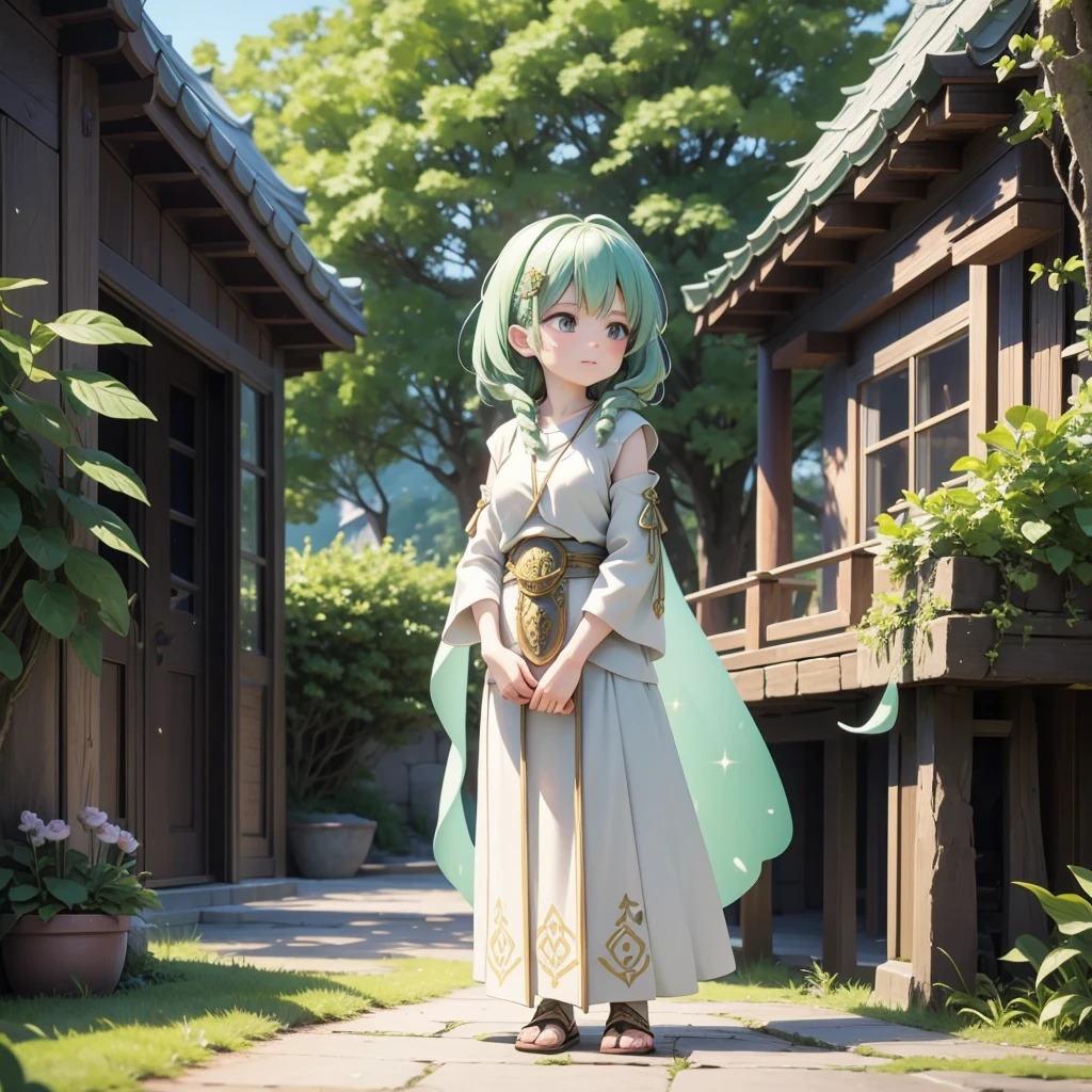 Celtic mythological priestess in long dress、House of Taiki、There are fairies flying around、Lakeside White