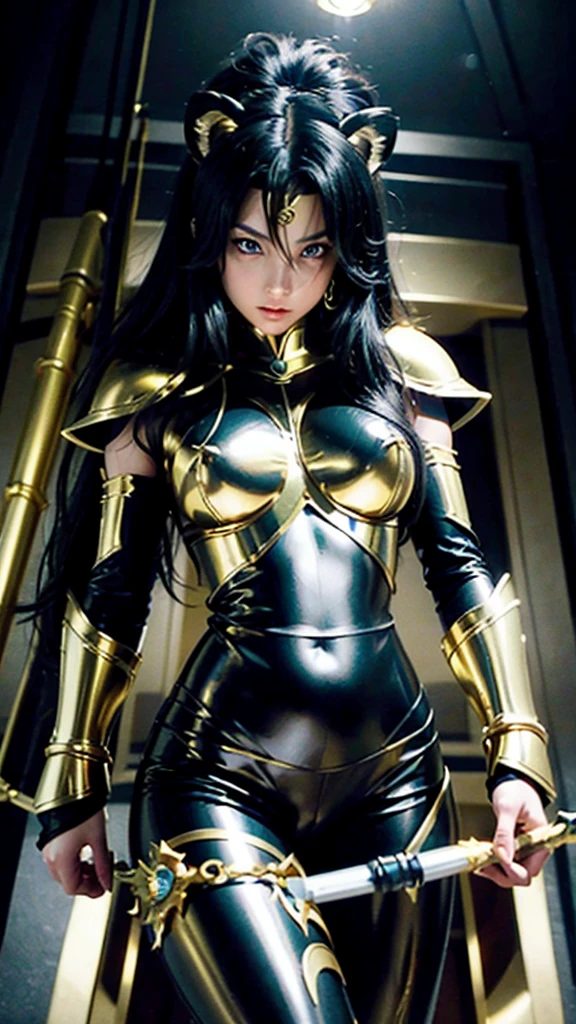 work of art, high resolution,best qualityer, Girl dressed in the golden armor of Sagittarius, from the knights of the zodiac saint seiya, Knights of the Zodiac, black hair, blue colored eyes, leggings sexy preta, golden armour, Sagittarius, Virgem, Lion , Knights of the Zodiac.