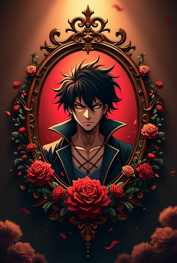 a detailed digital logo, intricate ornate design, tanjiro kamado from demon slayer in the background, text "idk.manuxd" in elegant stylized script font, beautiful warm lighting, ornamental floral and leaf elements, highly detailed symmetry, rich colors, masterpiece,8k,photorealistic