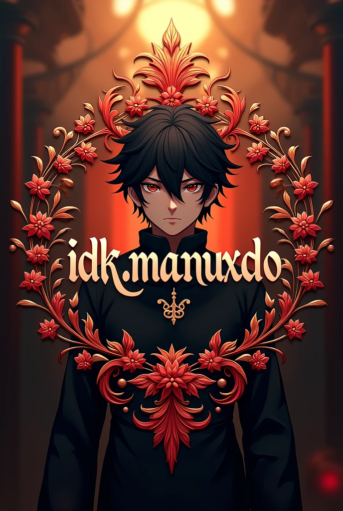 a detailed digital logo, intricate ornate design, tanjiro kamado from demon slayer in the background, text "idk.manuxd" in elegant stylized script font, beautiful warm lighting, ornamental floral and leaf elements, highly detailed symmetry, rich colors, masterpiece,8k,photorealistic