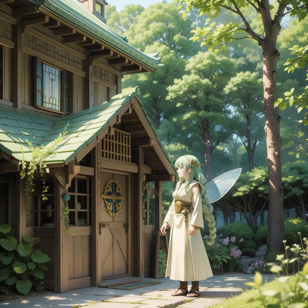 Celtic mythological priestess in long dress、House of Taiki、There are fairies flying around、Lakeside castle