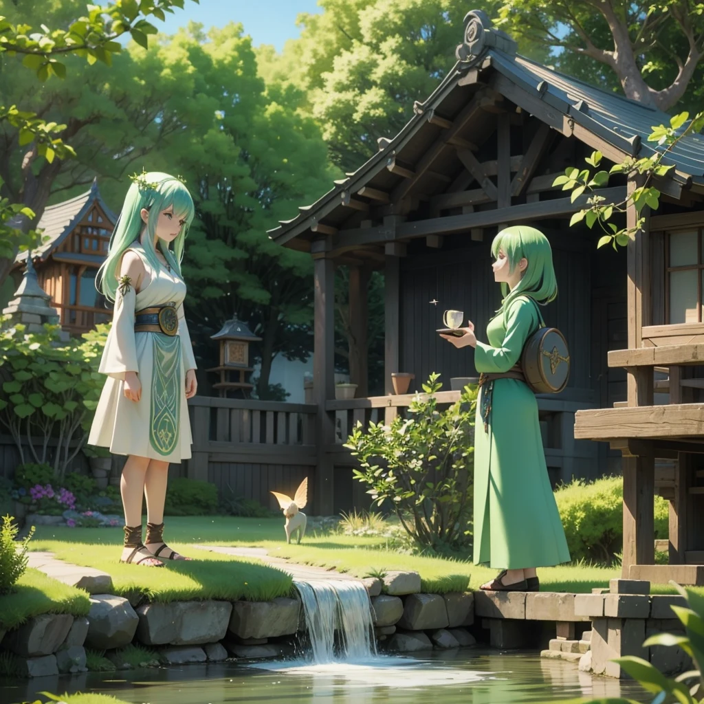 Celtic mythological priestess in long dress、House of Taiki、There are fairies flying around、Lakeside castle