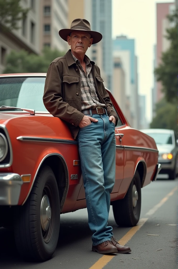 Ford Maverick character fully visible with a 2 white-skinned man leaning against the side of it in the city of São Paulo