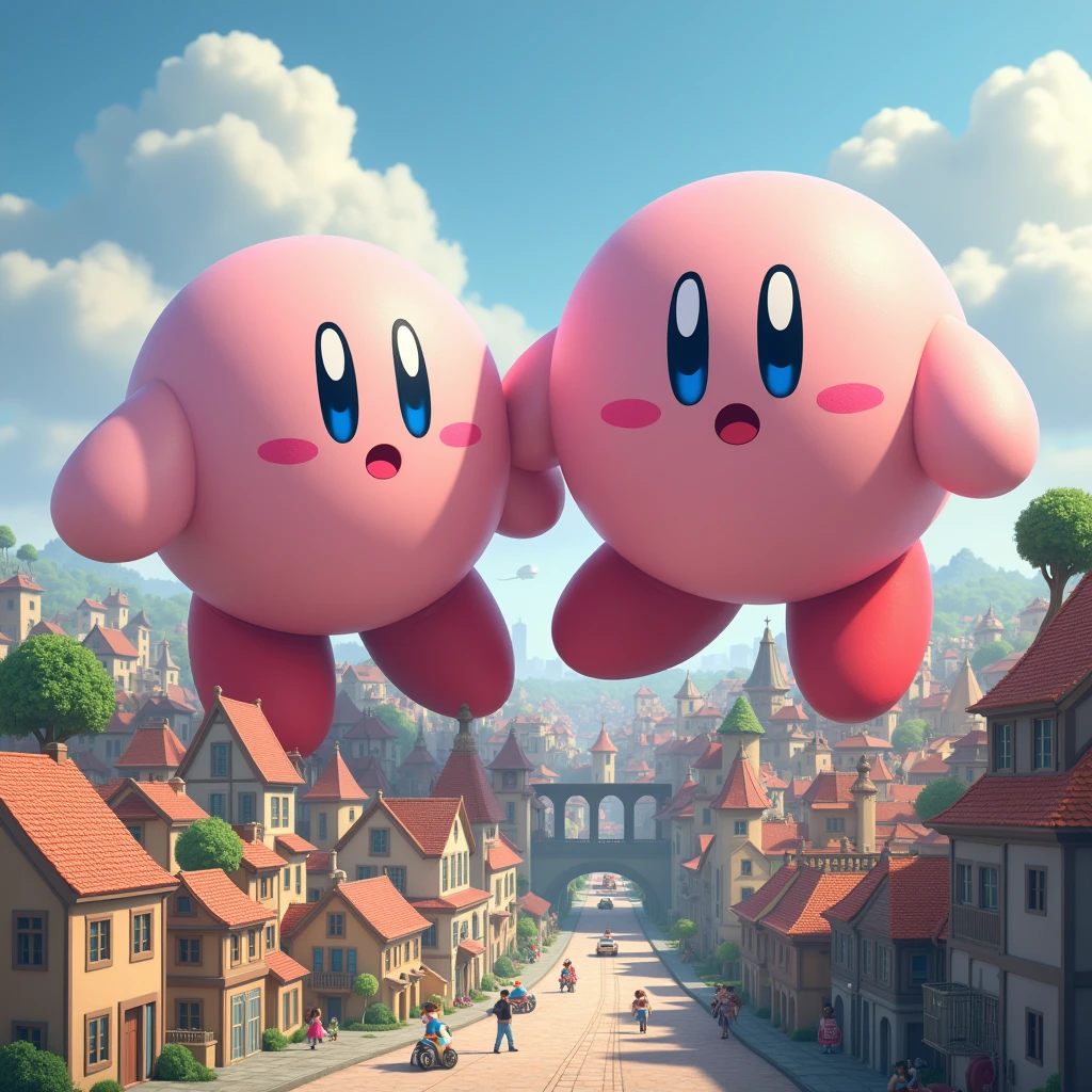 two giantkirby,two giantkirby step on littlecity,4k,cute,Looking up perspective