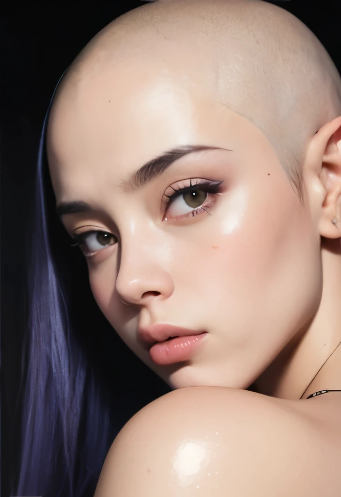 Brightly lit front facing Bald Billie eilish Attractive female woman random sexy poses and lewd positions touching herself, portrait , face portrait close up, close-up, bald beauty, face centered, symmetrical face, beautiful lips, white skinned sexy griffon female griffon alien no hair her head, with a sexy knock out body, large saggy tits, (Her face is gorgeous), Her skin is smooth, moist, and glossy, perky sharp ears, clean lines, photoshoot, no background, sexual soft skin, sexy extraterrestrials,she has plump juicy lips,