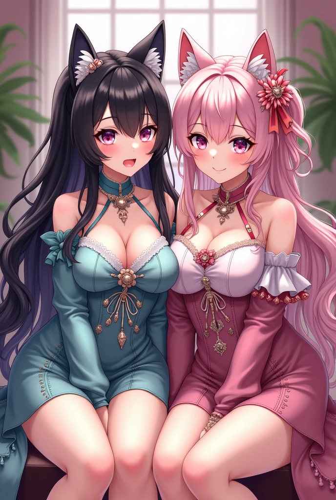 model with long wavy black hair, With her friend, light pink hair, full body view, beautiful sweet outfit, big boobs, , big boobs, with cat ears, sitting 