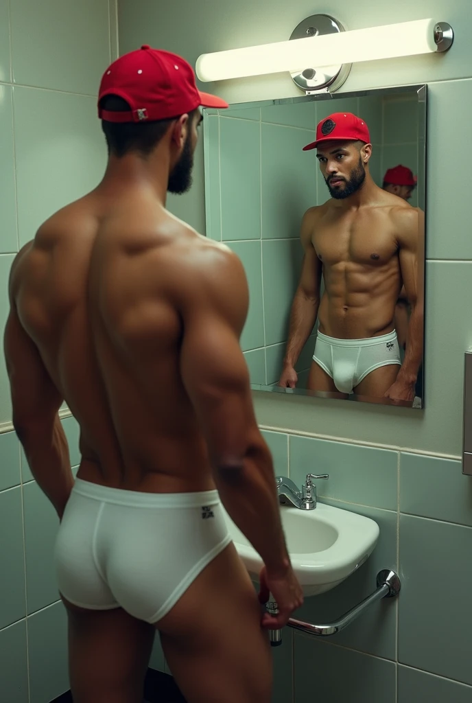 A young, muscular, mixed-race gas station attendant looking at himself in the bathroom mirror wearing white underwear and a red cap on his head. Being watched by a man sitting on the bench.