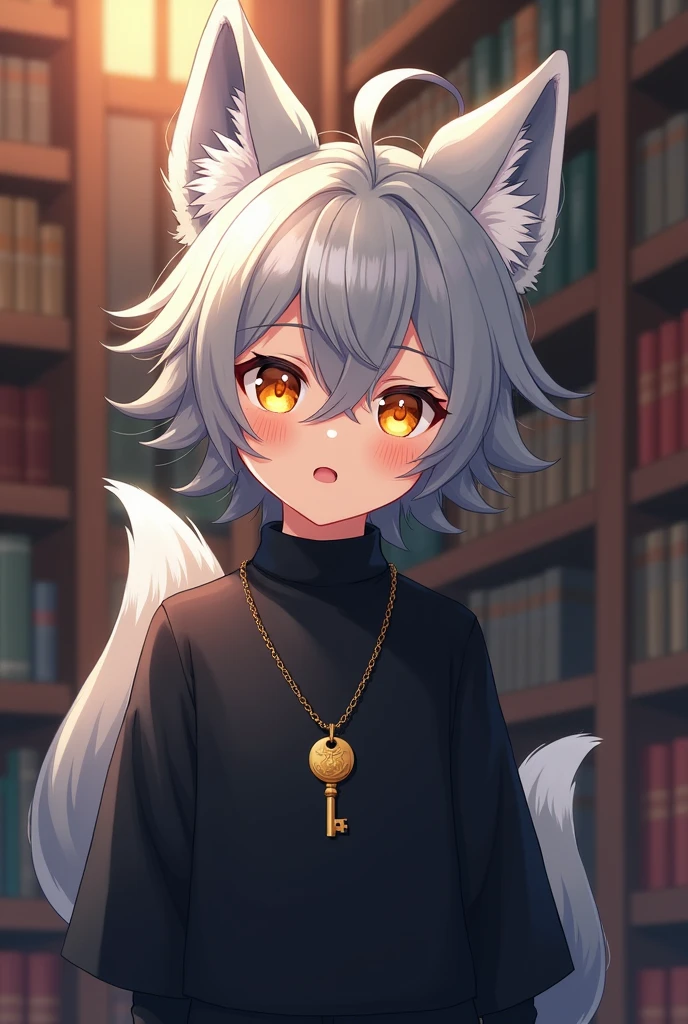anime, human boy, gray fur, fox ears, yellow eyes, black clothes, Pendant with a little key, medium height, library background 