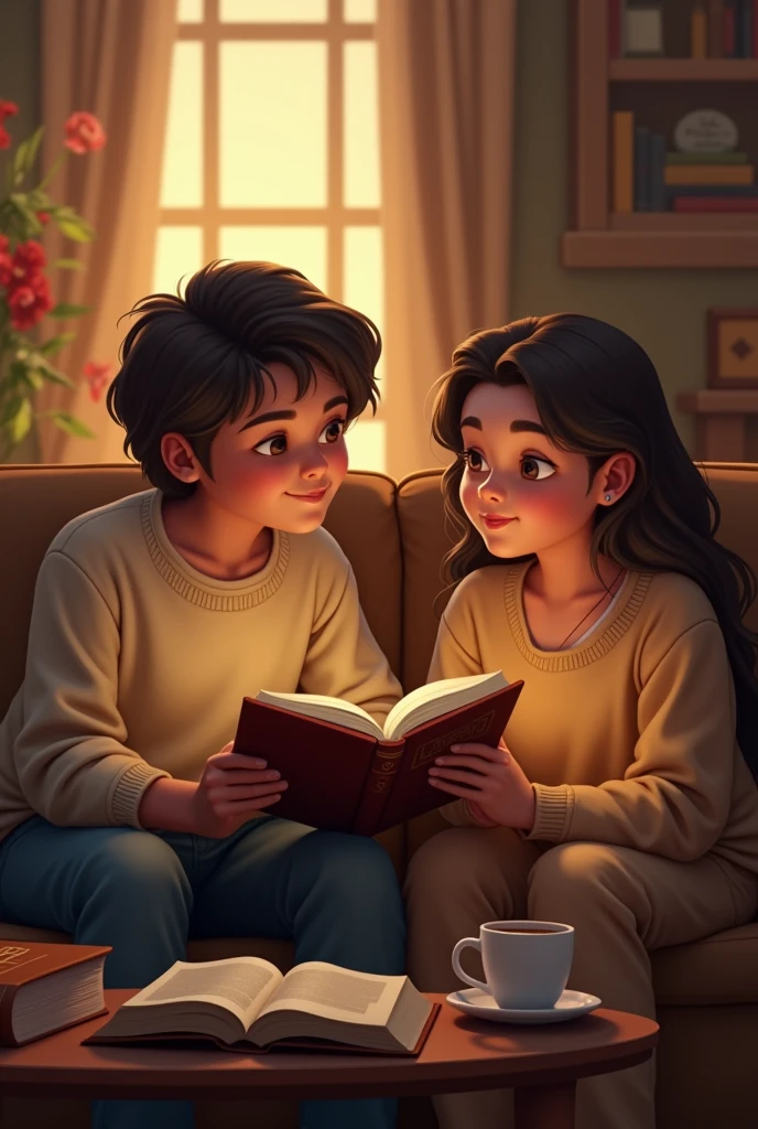 "Create a warm and engaging scene where one person is reading the Bible to another. Show two individuals seated comfortably in a cozy, inviting setting, such as a living room with soft lighting and comfortable furniture. The person reading should be holding an open Bible and sharing its words with attentive interest, while the listener listens intently with a look of understanding and receptivity. Include elements like a cup of tea or coffee and a couple of open Bibles on a table to enhance the sense of a personal and meaningful conversation. The image should convey a sense of connection, learning, and the sharing of spiritual wisdom."























