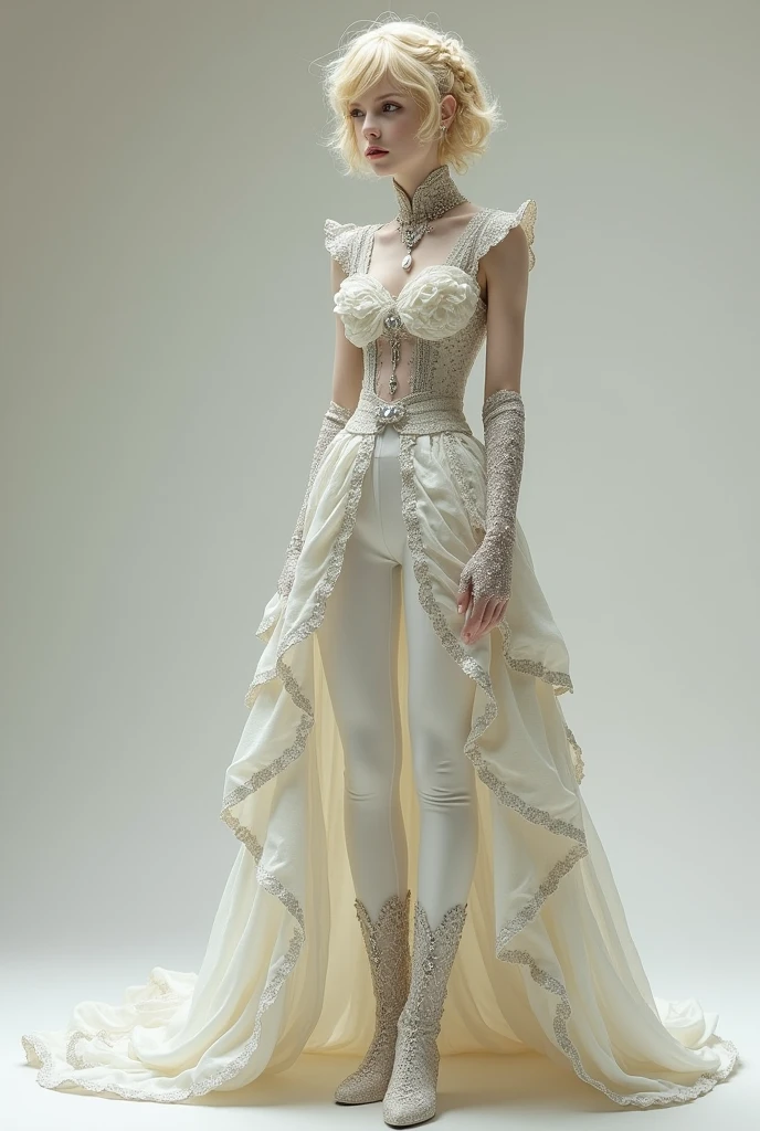 Androgynous looking little man: Her skin is white and her hair is short, wavy, layered blonde., On top they hold some blonde braids, the groom's veil in layers of organza. She wears an outfit that combines a dress with very tight white dress pants.. The pants are completed with a layered groom's dress train that starts at the waist with lots of elegant tulle and diamonds.. The top of the rocooc dress is complete from waist to neck, imperial collar with jabot ruffles, sleeveless, non-transparent decorated with sewn diamonds and lace on the front. The ensemble is complemented by a layered bridal veil., long, elbow-length lace gloves and rococo boots