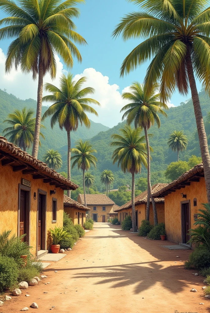 Drawing of a dirt street with palm houses like in indigenous towns in Mexico and palm trees around it, not difficult to draw