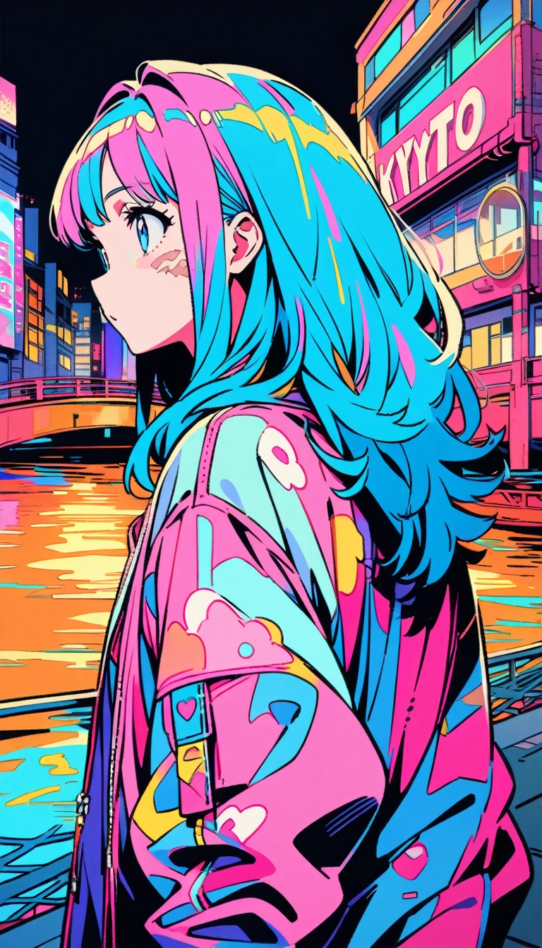 masterpiece, Highest quality, Beautiful attention to detail, Very detailed, In detail, High resolution, Perfect Anatomy, colorful, pastel colour, Girl, (One person:1.5), alone, (City pop illustrations), (City Pop Art), Simple Background, (City Pop Anime), (river, bridge), Kyoto Animation, 80's fashion,Anime, Neon pink and blue colors, scar, Stickers, Neon style full shot