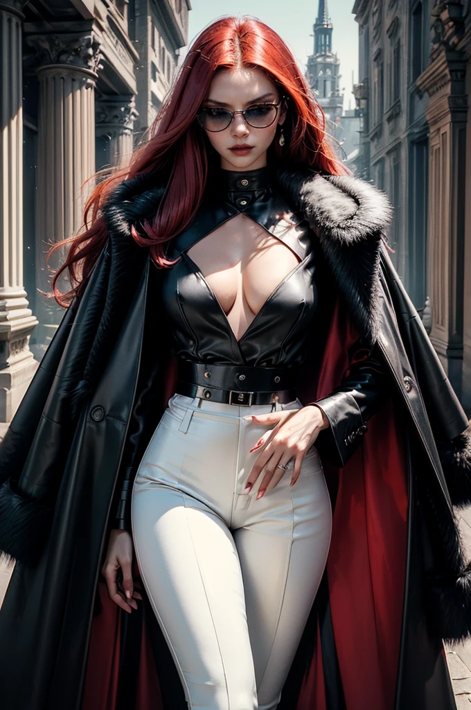 a beautiful young woman with long red hair, slim body, thin waist, narrow hips, detailed facial features, ((wearing high quality high waist black leather pants)), ((wearing formal white colored silk shirt with cleavage and long sleeves)), ((wearing black fur coat)), ((coat on shoulders)), ((red lining)), ((double luxury waist belt)), ((slightly red tinted glasses)), ((expensive reflective silk scarf)), holding a handbag, hand on waist, (best quality,4k,8k,highres,masterpiece:1.2),ultra-detailed,(realistic,photorealistic,photo-realistic:1.37),high fashion,editorial,dramatic lighting,cinematic,vivid colors,intricate details, glamorous