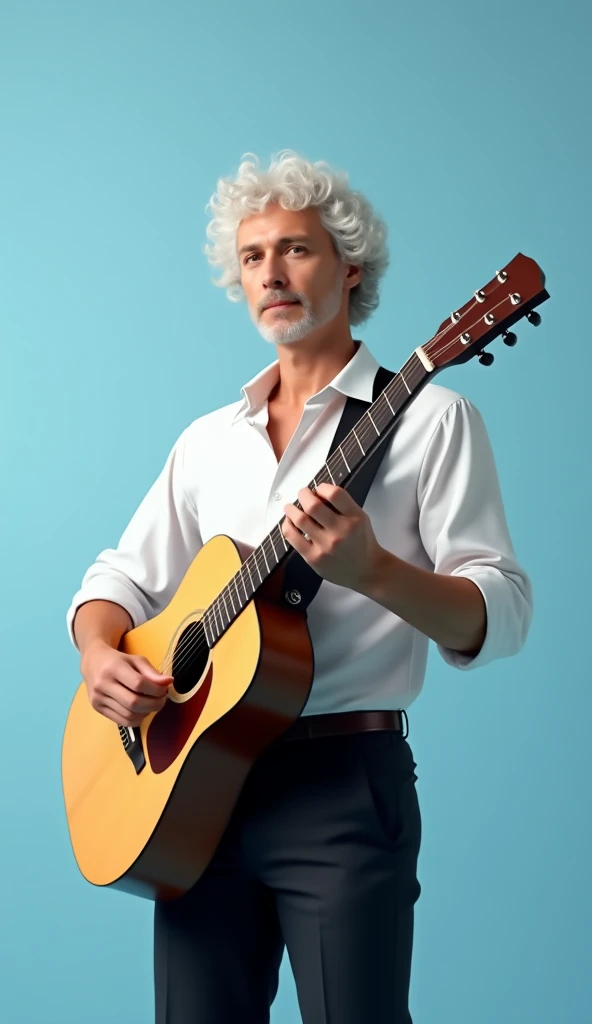 4K realistic man will be with instrument in hand guitar he will be white with curly hair black pants white blouse and light blue background
