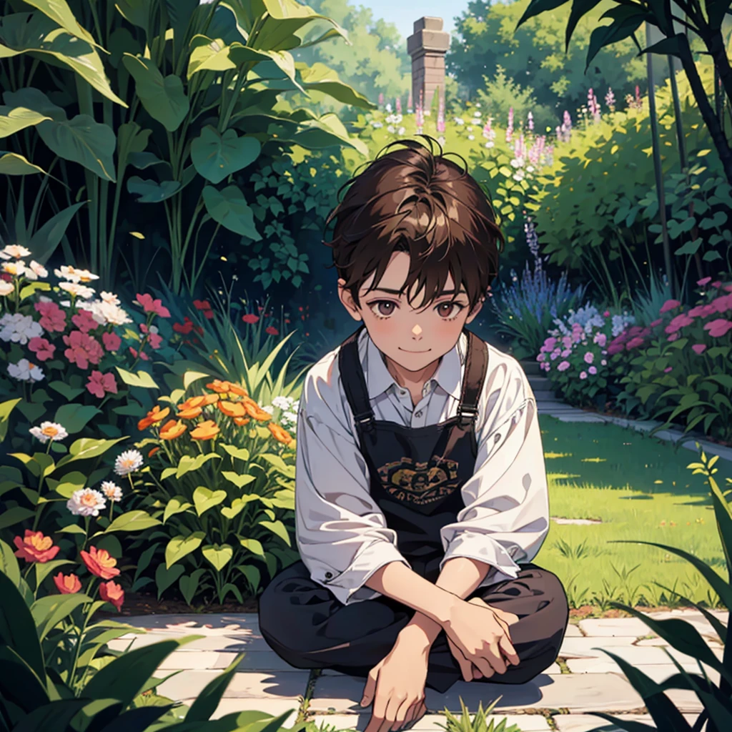 , eight year old boy with brown hair and dark eyes, sitting in a garden smiling 