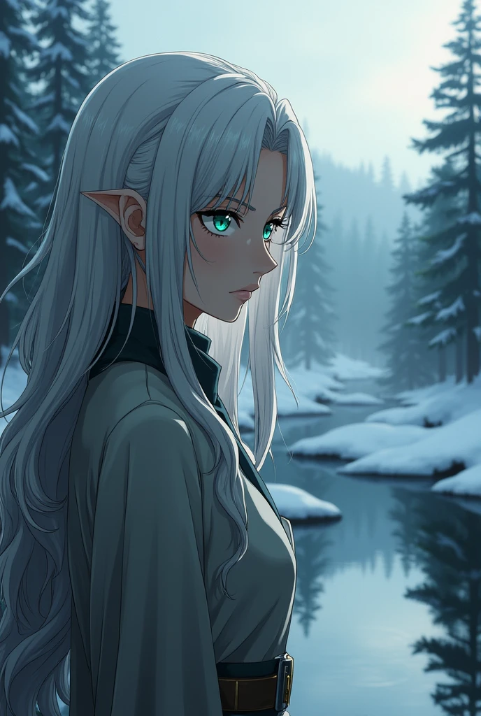 A female character from the anime Demon Slayer, with long wavy white hair, with a serious expression and a light green eye, a tall character, a close up of her next to a river and a snowy forest and her looking at the river