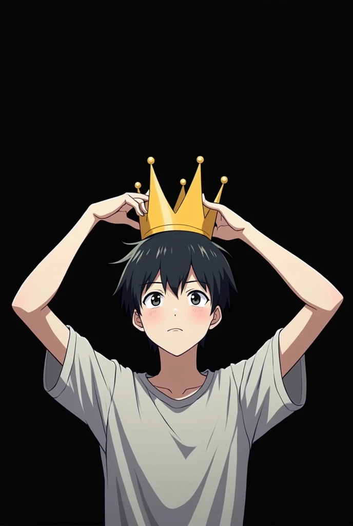 A simple guy but without a beard anime black and white style who takes off his crown on a black background Medium-sized crown