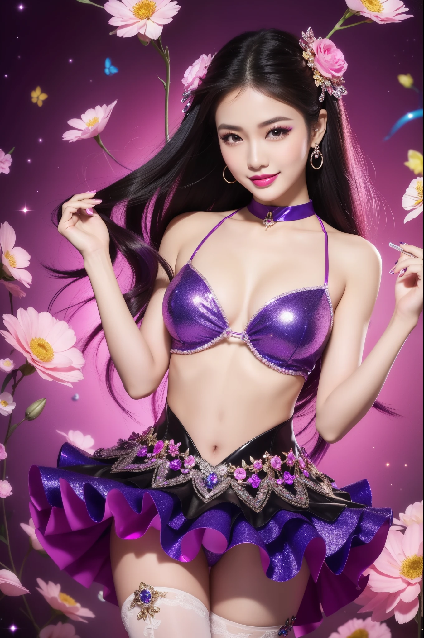 Thai model who controls poison、beautiful smile、lipgloss、bold lipstick、intense makeup、look at the camera、full body Esbian、、sparkling poisoned flower costume、、、、sparkling Colorful hair、secrete poison、skull hair accessories、sexyhts、shiny sparkling flowers background
