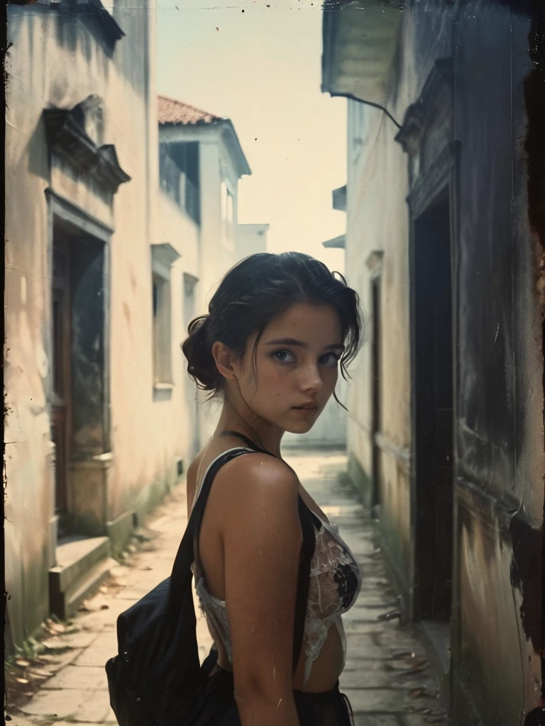 35mm film, A captivating extremely low angle photograph taken from ground level below of an girl posing outdoors with the background of a vintage colonial building, The creation of a drama, Bottom-up perspective. full body image. She is silhouetted against a radiant, open sky while the walls of the hallway cast it in deep shadows, adding a sense of mystery. with her long, updo hair that flows gracefully, she black and white lingerie, black tennis shoes with white socks, and a black school backpack, she stares at the camera, exuding an enigmatic aura. the striking, high contrast lighting enhances the atmosphere, making this scene truly unforgettable. She looks directly into the camera with a lost look and a slight smile.., with cinematic lighting, professional high definition photography style ,photorealistic