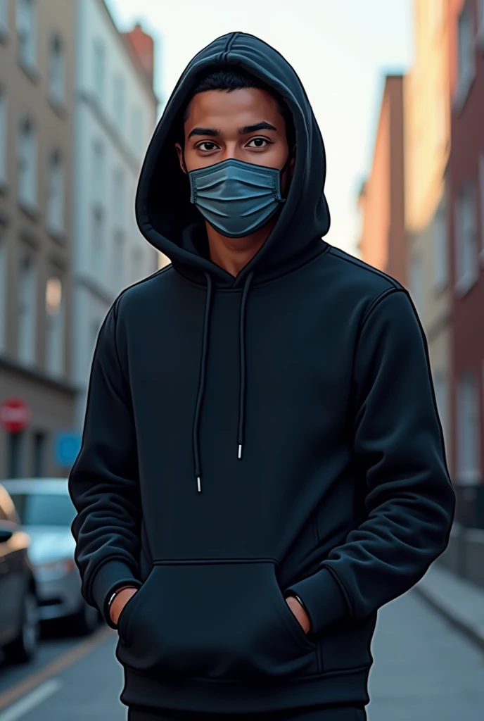 cartoon style man in a black sweatshirt with a plastik mask on his face and a hood on his head