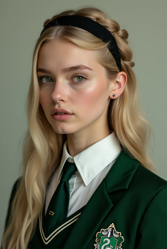 elle a une peau d'ivoire, des yeux verts émeraudes, de longs cheveux blonds plates avec des boucles anglaises accessoirisé d'un serre tête noir, et elle porte un uniforme de serpentard
