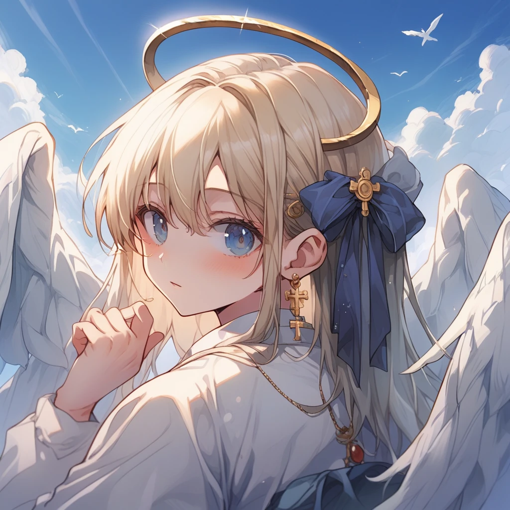 A very beautiful angel dressed in ancient Greek clothing, blue sky, With a medieval European church in the background, Cinematic lighting,立ち、大きな胸、nsfw、ローアングル、四つん這い