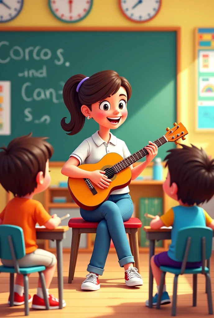 I want a 1D animated image of a teacher with a guitar teaching her students how to play it., 1D IMAGE