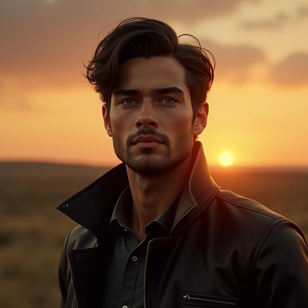 Young man with little beard on his face, medium hair, greeneyes, Black jacke, sunset in texas united states 