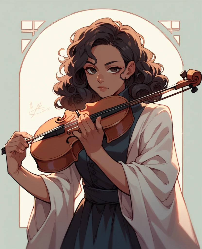 black woman with curly hair and dark brown eyes playing the violin