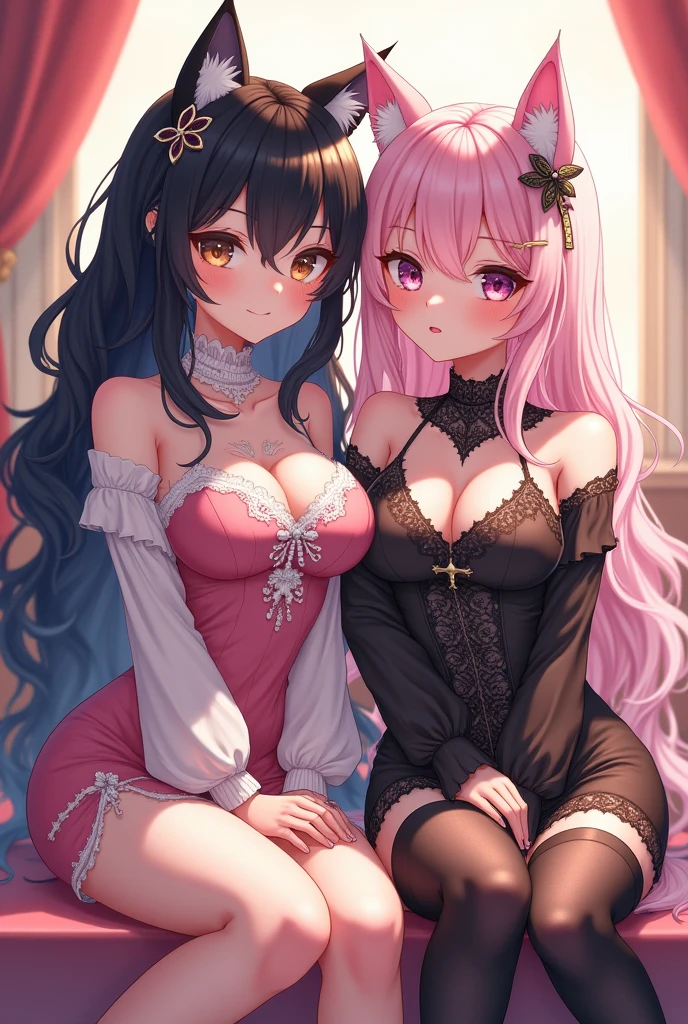 model with long wavy black hair, With her friend, light pink hair, full body view, beautiful sweet outfit, big boobs, , big boobs, with cat ears, sitting