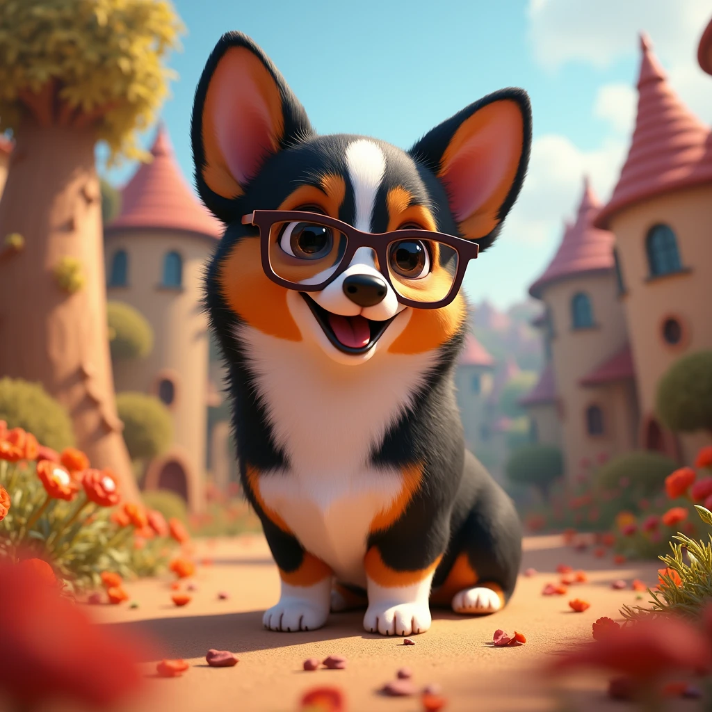 Tri-Color black head corgi, wearing glasses, in the style of Pixar