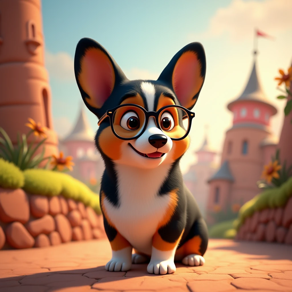 Tri-Color black head corgi, wearing glasses, in the style of Pixar