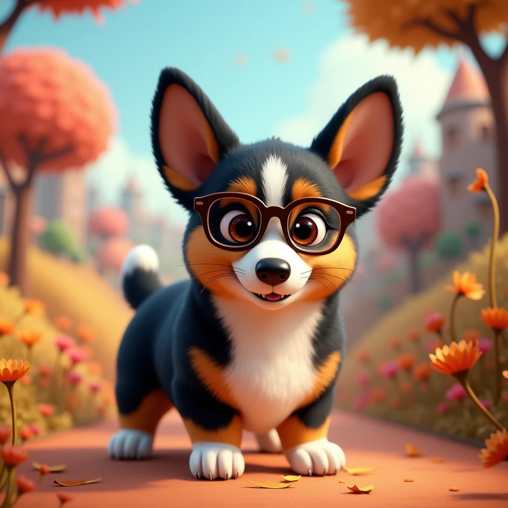 Tri-Color black head corgi, wearing glasses, in the style of Pixar