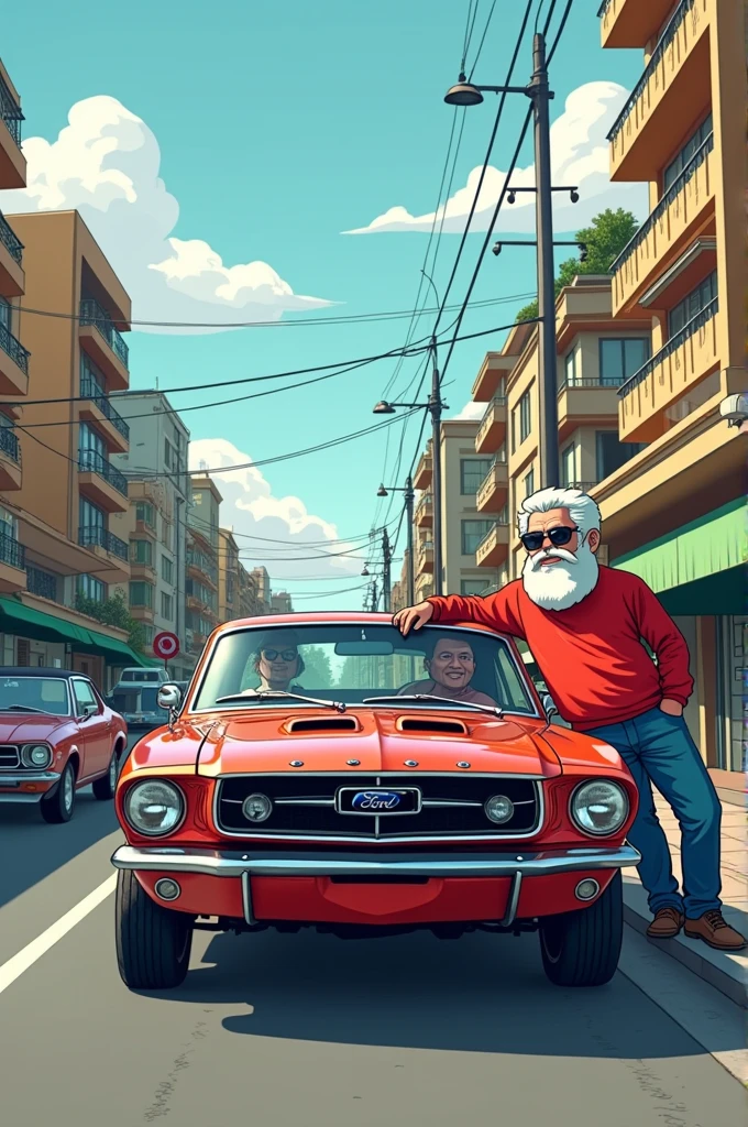 Cartoon Ford Maverick fully visible with a 2 white-skinned man leaning against the side of it in the city of São Paulo