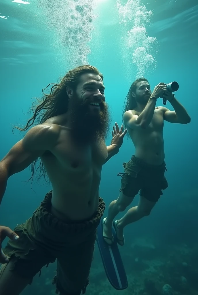 make a photo of a 2 man underwater, he has a balbo beard, his face is slim, he has long hair, he has a lot of leg hair and no chest hair, he is smiling and blowing bubbles underwater while recording