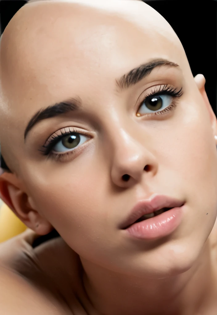 Brightly lit front facing Bald Billie eilish Attractive female woman random sexy poses and lewd positions touching herself, portrait , face portrait close up, close-up, bald beauty, face centered, symmetrical face, beautiful lips, white skinned sexy griffon female griffon alien no hair her head, with a sexy knock out body, large saggy tits, (Her face is gorgeous), Her skin is smooth, moist, and glossy, perky sharp ears, clean lines, photoshoot, no background, sexual soft skin, sexy extraterrestrials,she has plump juicy lips,