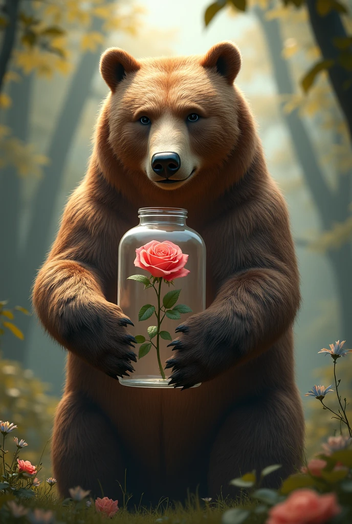 Create a bear that is protecting a rose in a glass jar