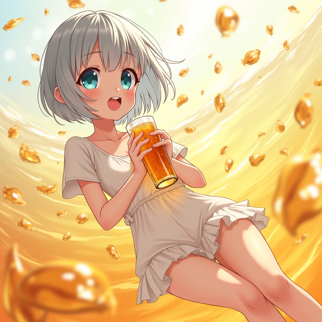 beautiful white slim girl, bottomless, bare legs, barefoot, pee, peeing, t-shirt, lemonade stand, lemonade, massive pee puddle, lemonade glass, happy, smiling, masterpiece, very detailed, detailed skin, pussy, full body, collecting pee, standing straight