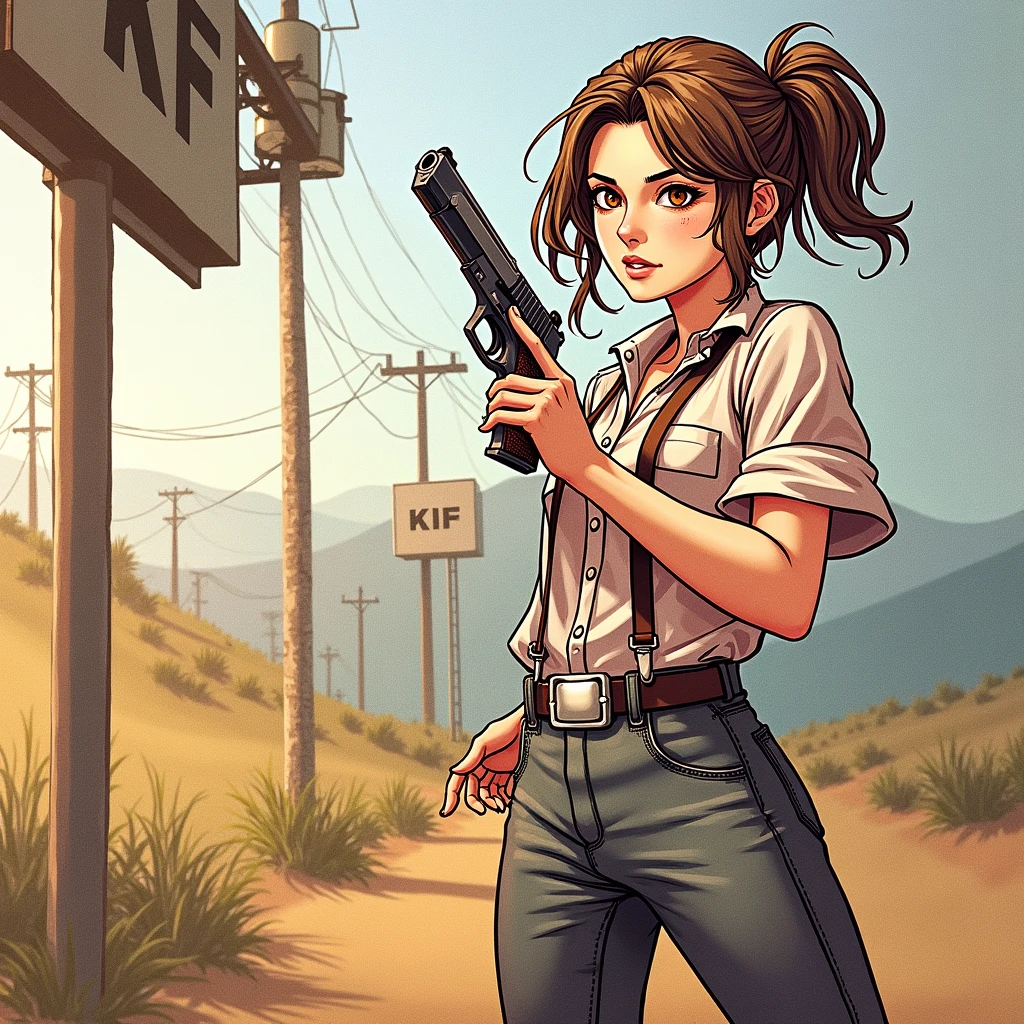 I want you to leave the one in this image with loose brown hair and brown eyes, holding a pistol