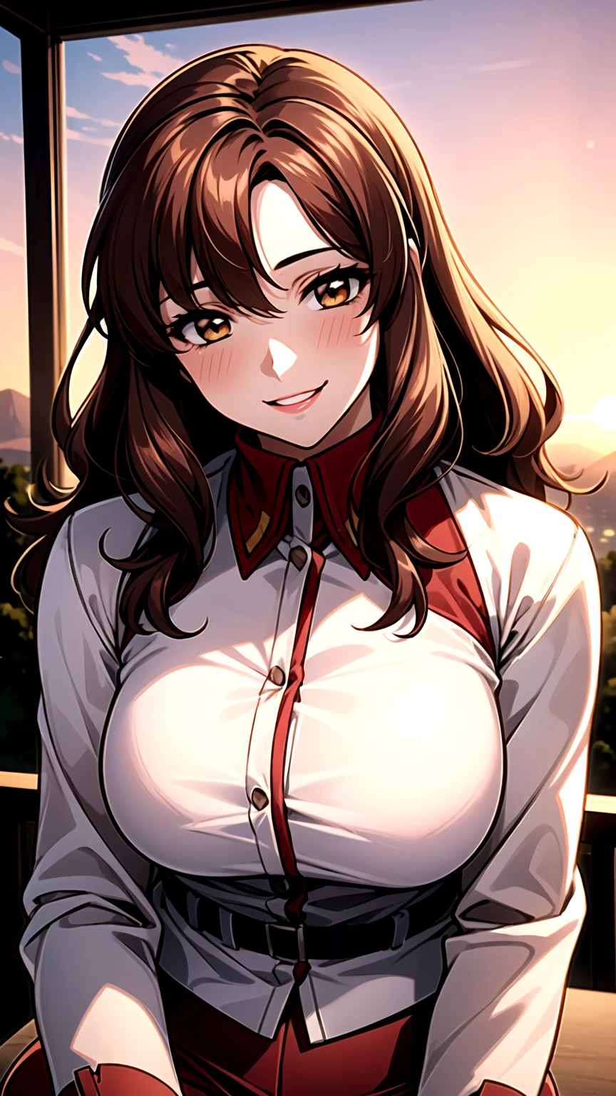 （（super high quality,Ultra-high resolution,16K,super masterpiece,Ultra HD ,Detailed shading,））A hilltop illuminated by the setting sun,One sexy mature woman,（（popped Tight collar Pink shirts,sexly,））Folded long sleeves,Red pencil skirt,Looking at the camera,Brown medium long hair,A kind smile,blush,Thick lips,