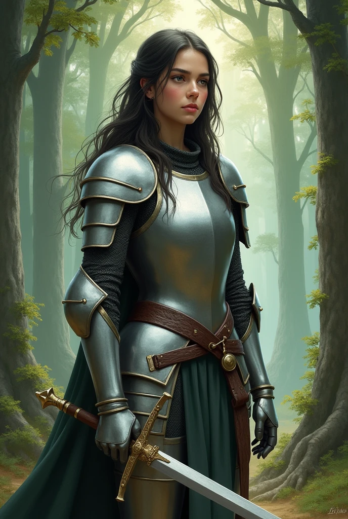 /imagine prompt: A digital painting of the young female warrior, standing tall in her silver armor, gazing into the distance with her sword sheathed. The serene forest setting remains the same, with tall ancient trees and soft glowing light. Her long black hair is gently moved by a breeze, and she has a calm expression. Background is constant with a subtle green glow and detailed foliage. Created Using: high-detail brushwork, Renaissance painting style, soft shadows, diffused lighting, warm color palette, realistic texture, high-resolution render --ar 2:3 --v 6.0
