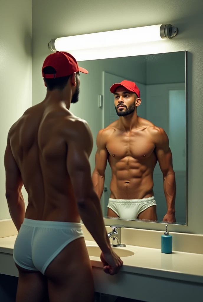 A young, muscular, mixed-race gas station attendant looking at himself in the bathroom mirror wearing white underwear and a red cap on his head. Being watched by a man sitting on the bench.