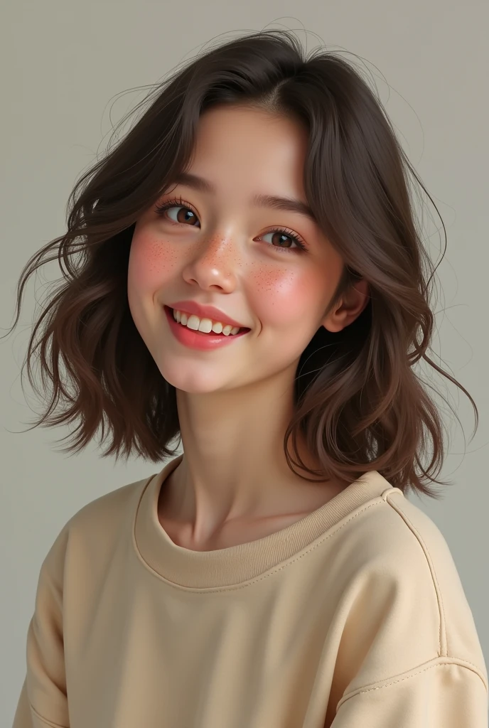 Picture of a real girl with a sweatshirt and wavy hair freckles on her nose to describe her