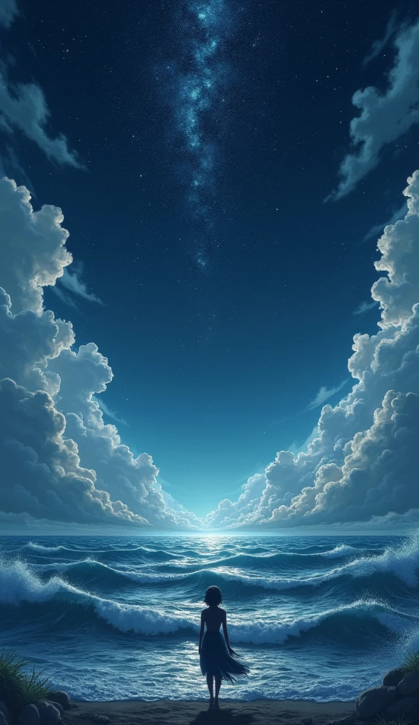 Sea with waves, natta, starry sky, clouds